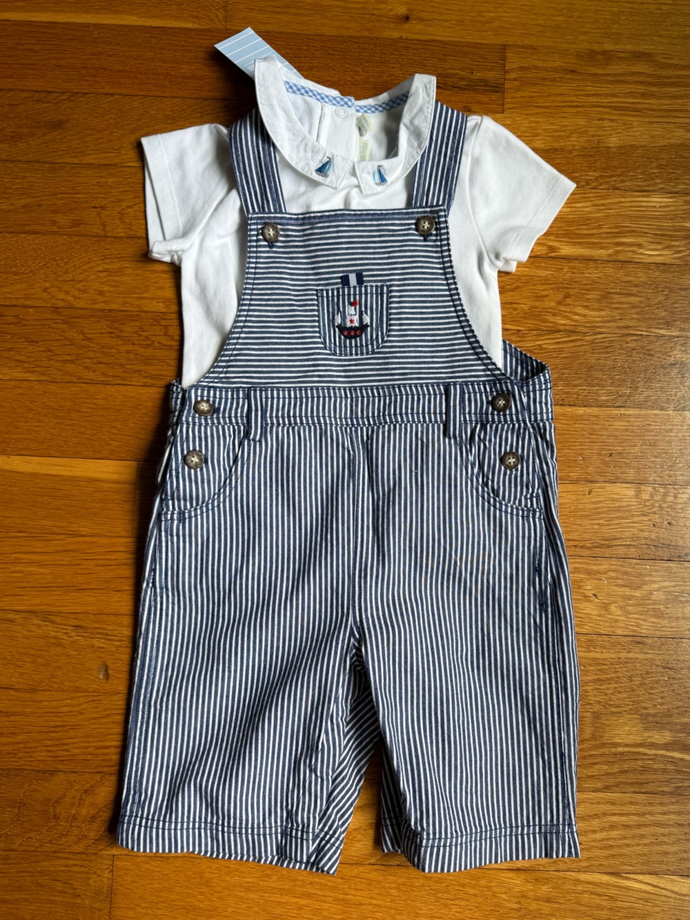 NWT Jojo Maman Bebe Striped Navy & White Embroidered Overall Shorts Set (18-24m)